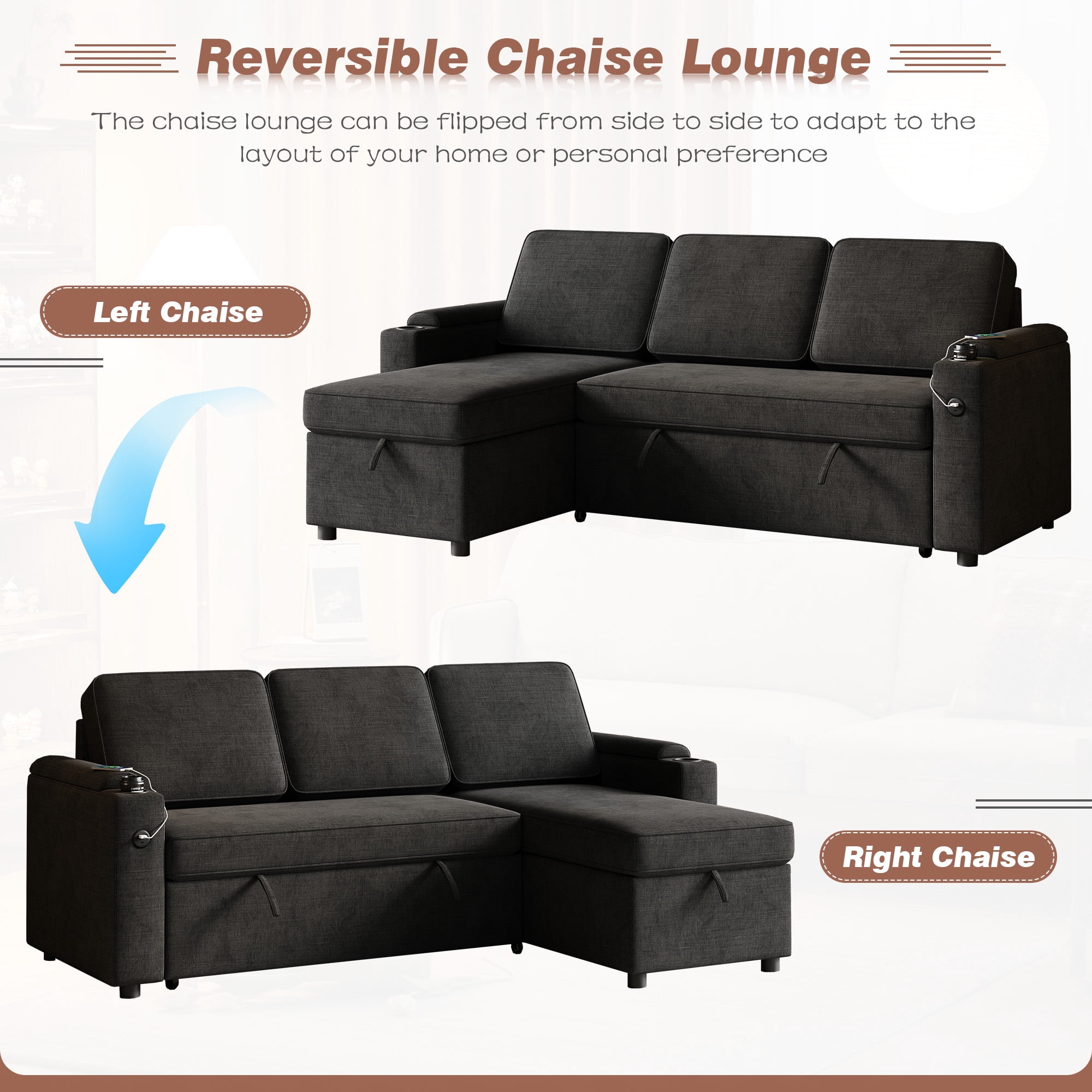 Dinosisco 3-in-1 Sectional Sleeper Sofa with Storage Chaise & Armrests, USB, Cup Holders, 85.8" Convertible L-Shaped Sofa Bed for Living Room, Apartment, Black Linen