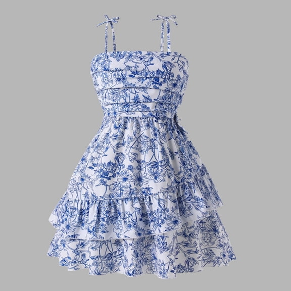 Flower Girl Dress Summer Floral Print Ruffle Edge Waist Cinching Suspender Dress Spaghetti Straps Blue Dress Size 7-8 Y