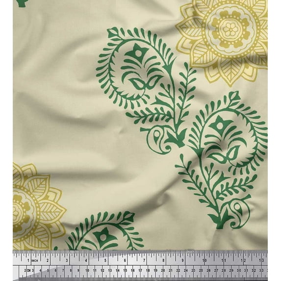 Soimoi Silk Fabric Paisley,Leaves & Floral Mandala Block Print Fabric by Yard 42 Inch Wide