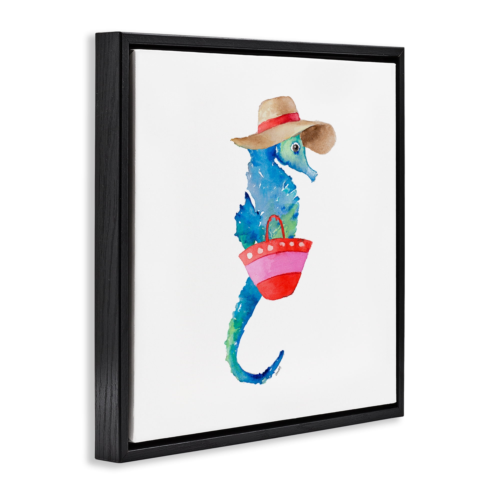 Stupell Industries Seahorse in Beach Hat Novelty Painting Black Floater Framed Canvas Art Print Wall Art, 18 x 18
