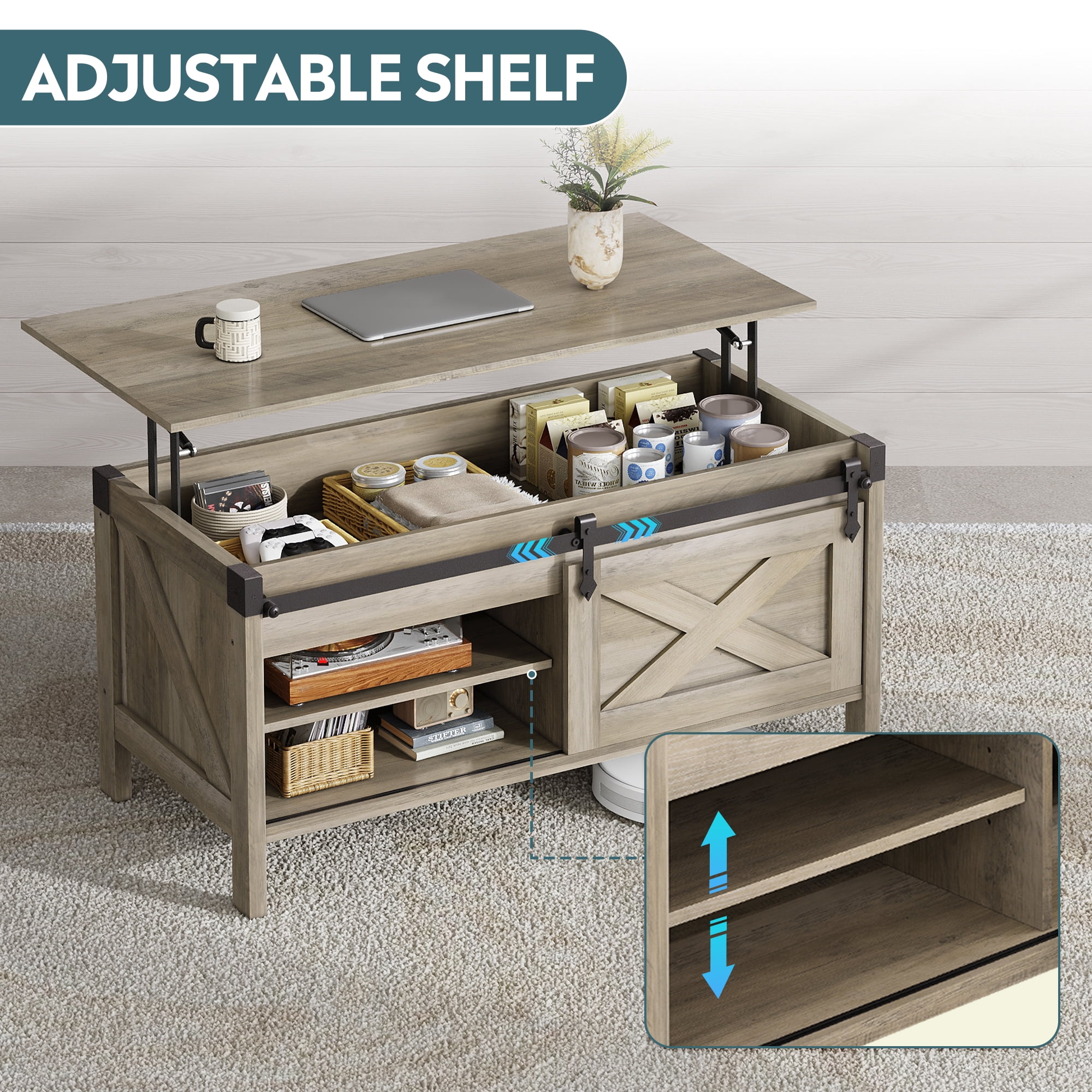 GALAXHERO 39.4" Farmhouse Large Coffee Table Lift Top Coffee Table with Hidden Storage Compartment Sliding Barn Doors Modern Wood Center Table for Living Room Grey