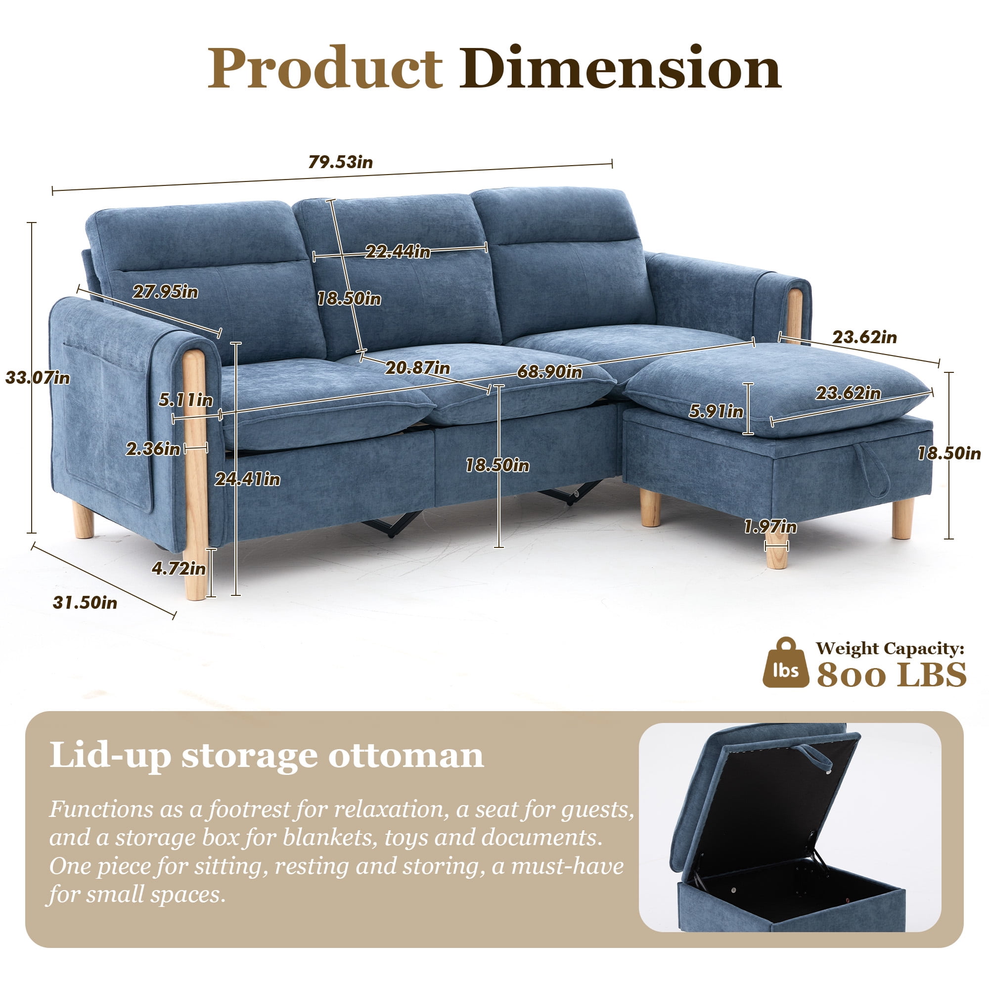 MOONMISS 3-Seater Chenille Sectional Sofa with Storage Ottoman & Side Pocket Convertible Chaise Lounge for Living Room,Blue