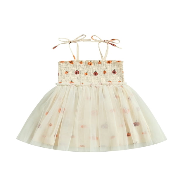 Robe d'Halloween pour Bébé Fille Imprimé Citrouille Sans Manches en Tulle Robe Trapèze
