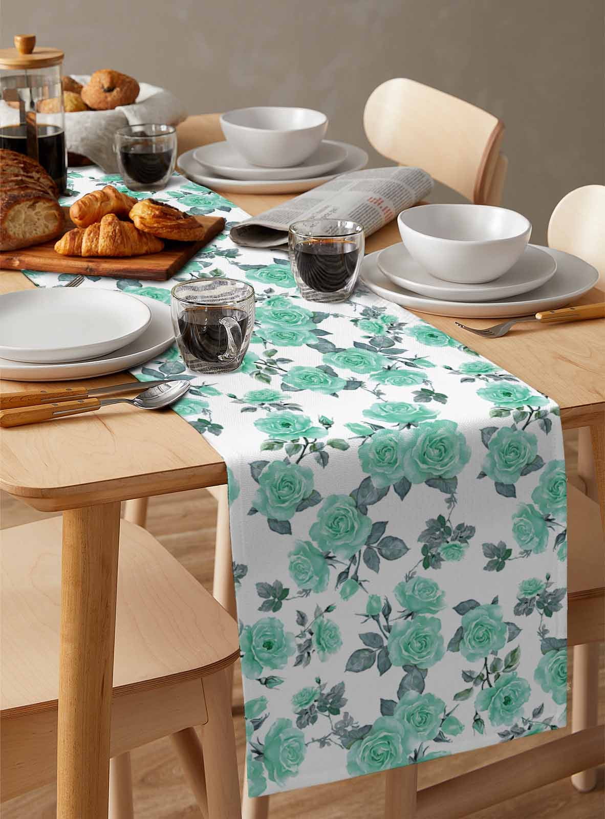 Green Floral Table Runner Cotton Linen 48 Inch Holiday Dresser Scarves, Farmhouse Garden Flowers Botanical Tablerunner for Kitchen Coffee Dining Bedroom Home Living Room Dinner Scarf Décor 13''x48''