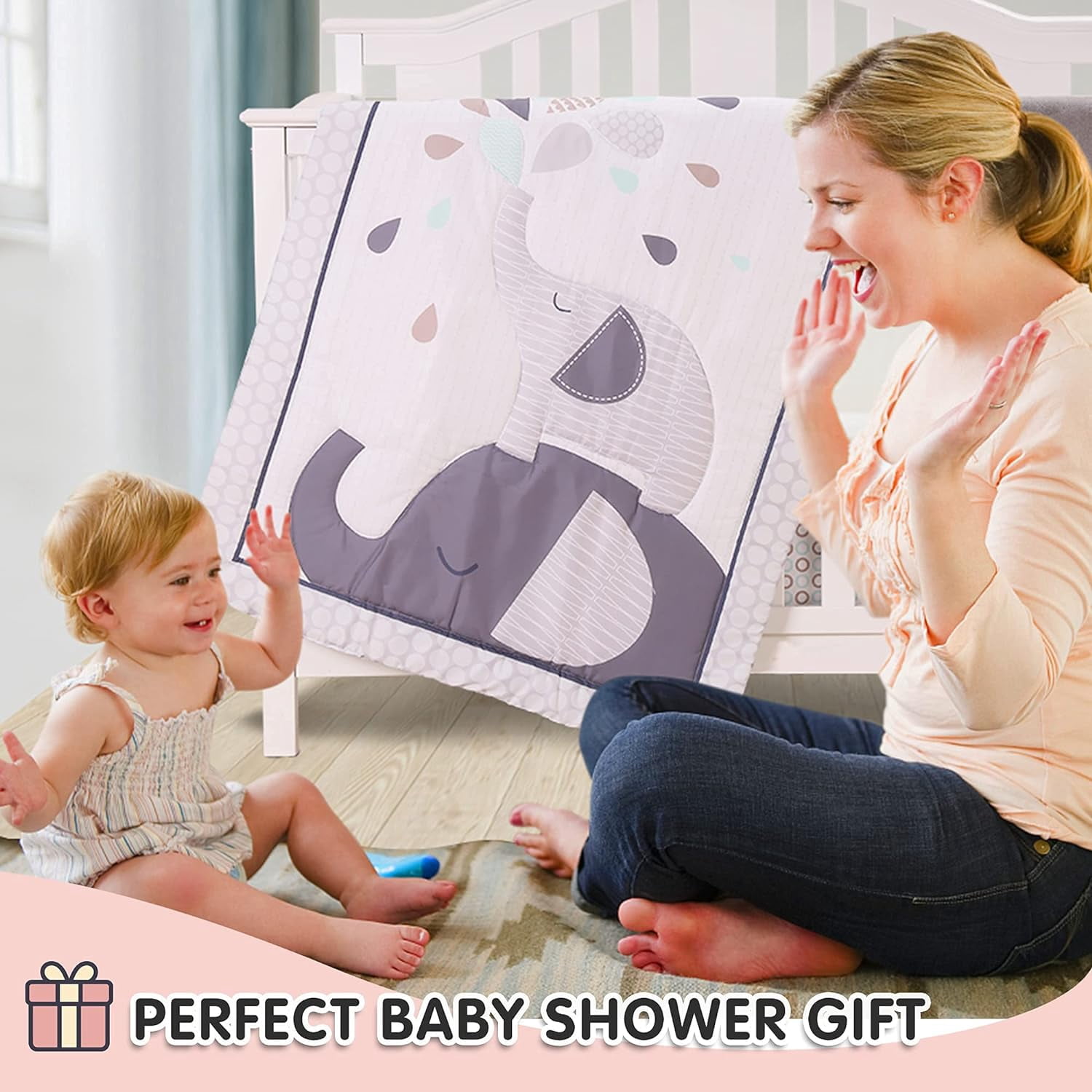 Sweet Baba Gray Elephant Crib Bedding Sets for Boys 4 Pcs, Baby Girls Set Included Comforter, Fitted Sheet, Crib Skirt & Blanket for Nursery Standard Size Neutral