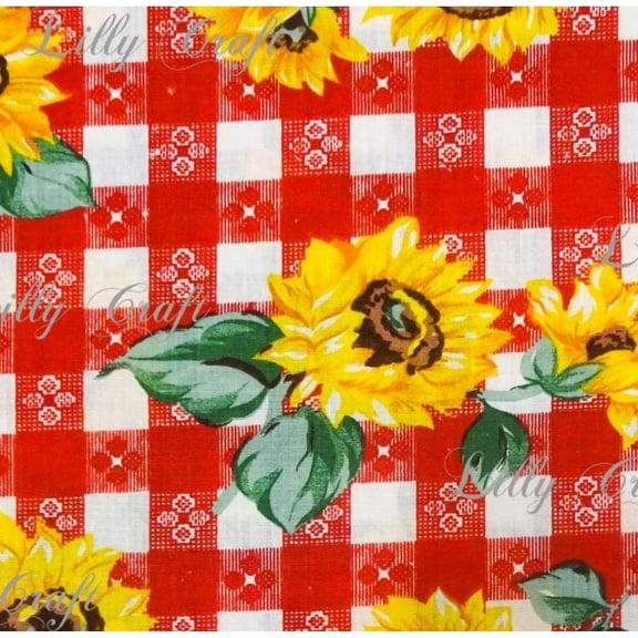 Sunflowers on Red Checkered Poly Cotton, 58"/60" Inches Wide – Sold By The Yard