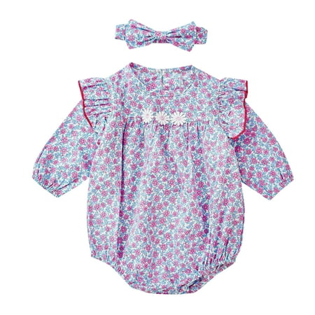 

Newborn Infant Baby Boy Girl Clothes Set Infant Newborn Toddler Kids Baby Girls Long Ruffled Sleeve Flower Floral Romper Bodysuit With Headbands Outfit Set Clothes 2Pcs