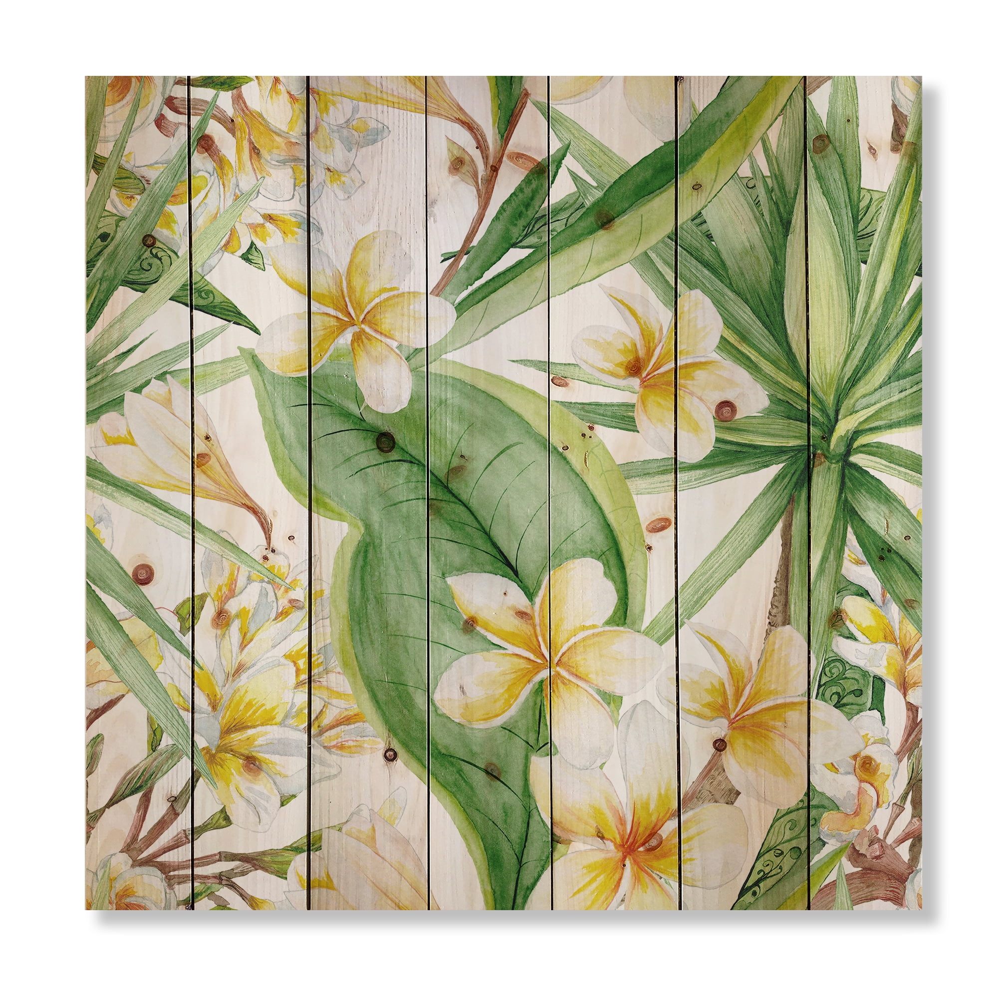 Designart 'Yellow Flowers and Tropical Foliage VII' Modern Print on Natural Pine Wood