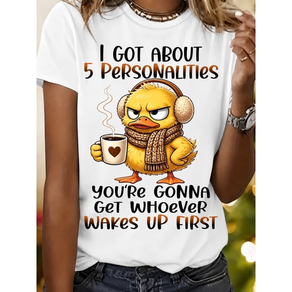Funny Grumpy Duck Graphic T-Shirt for Women, Cartoon Coffee Lover Crew Neck Short Sleeve Casual Tee, Cute Humor Everyday Top