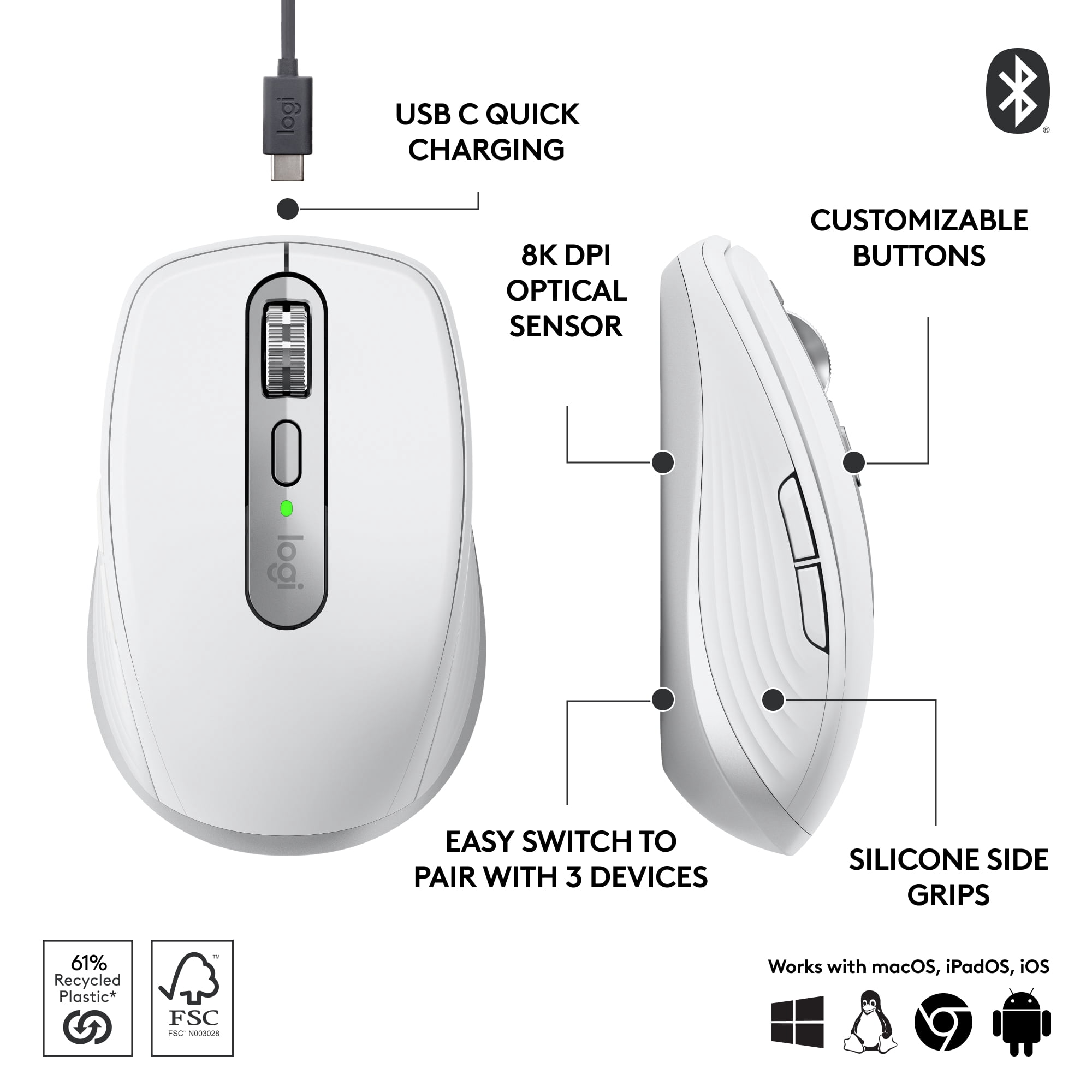 Logitech MX Anywhere 3S Compact Wireless Mouse, Fast Scrolling, 8K DPI Any-Surface Tracking, Quiet Clicks, Programmable Buttons, USB C, Bluetooth, Pale Gray