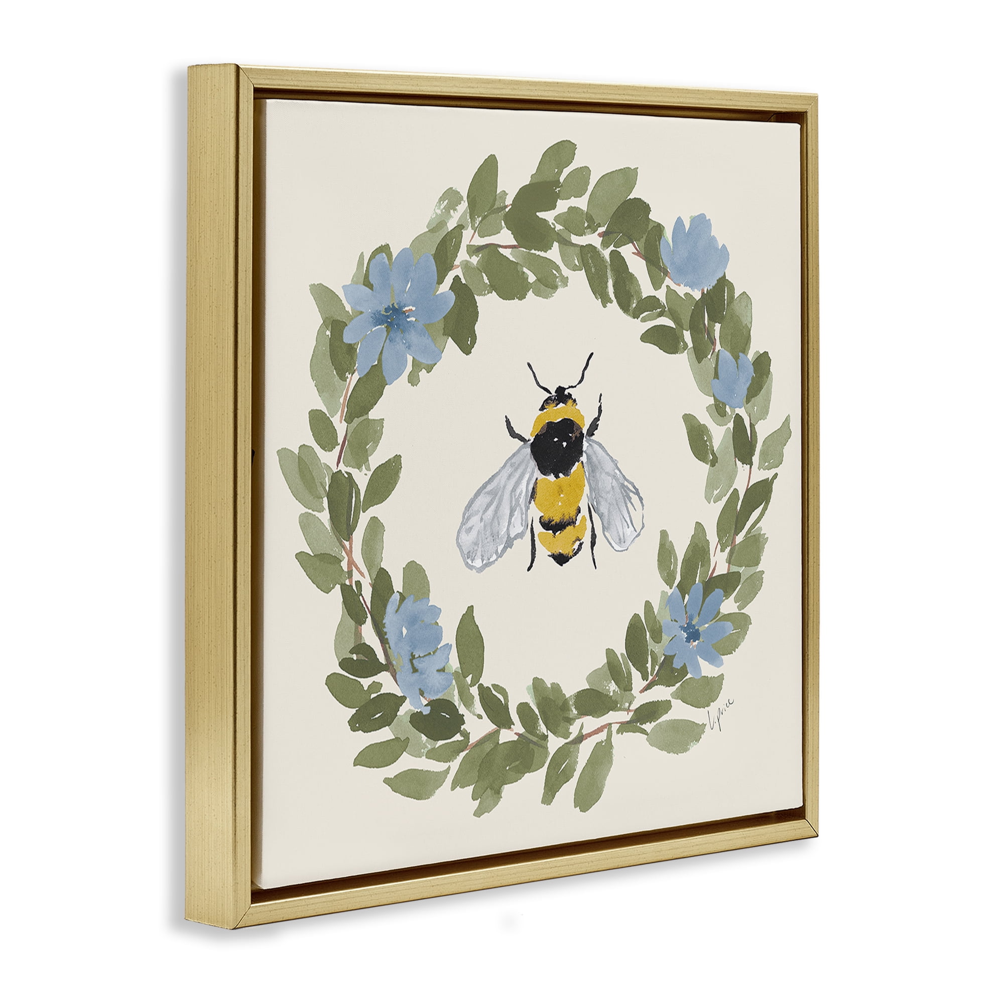 Stupell Industries Floral Wreath Bee Celebration Gold Framed Floater Canvas Wall Art, design by Lucille Price