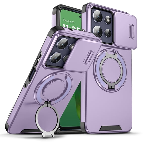 Moreoy Magnetic Kickstand Case for Motorola Moto G 5G (2025/2026)/Moto G Play(2026) with Sliding Lens Cover, Shockproof Protective Phone Case with Rotating Ring Holder Stand Finger Grip,Purple