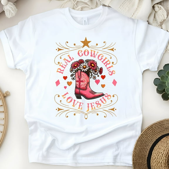 Women's Christian T-Shirt – Real Cowgirls Love Jesus Graphic Tee, Pink Boot Floral Design, White, Size S