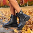 thumbnail image 3 of Womens Fall Platform Combat Boots Fashion Casual Leather Buckles Chunky Mid Calf Riding Ankle Booties, 3 of 8