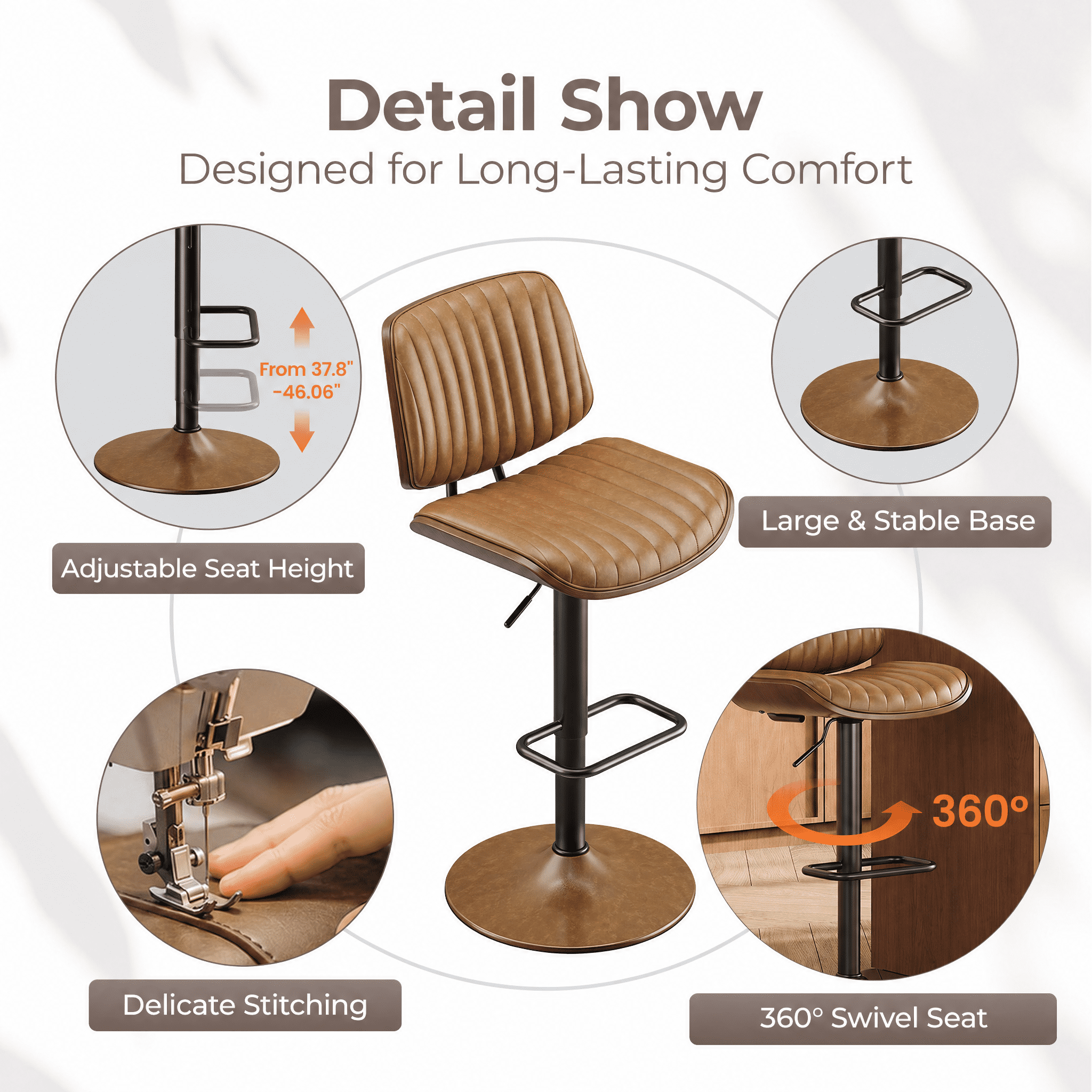 EOP Modern Upholstered Barstools Set of 4, Adjustable Height Counter Stools with Bentwood, Faux Leather Swivel Bar Stools with Metal Frame, Brown