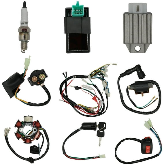Complete Electrics Wiring Harness Kit with 6-Pole Stator Coil CDI Solenoid Relay Spark Plug Compatible with 50cc 70cc 90cc 110cc 125cc 4-Stroke ATV Pit Dirt Bike Go Kart Quad Buggy