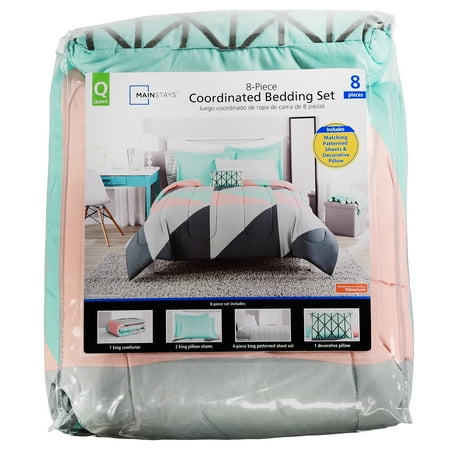 Mainstays Grey & Teal Bed in a Bag Bedding Set, Queen