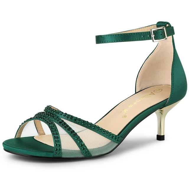 BLISSFUL STEP Women's Satin Rhinestone Stiletto Heel Sandals Green (Size 7.5)