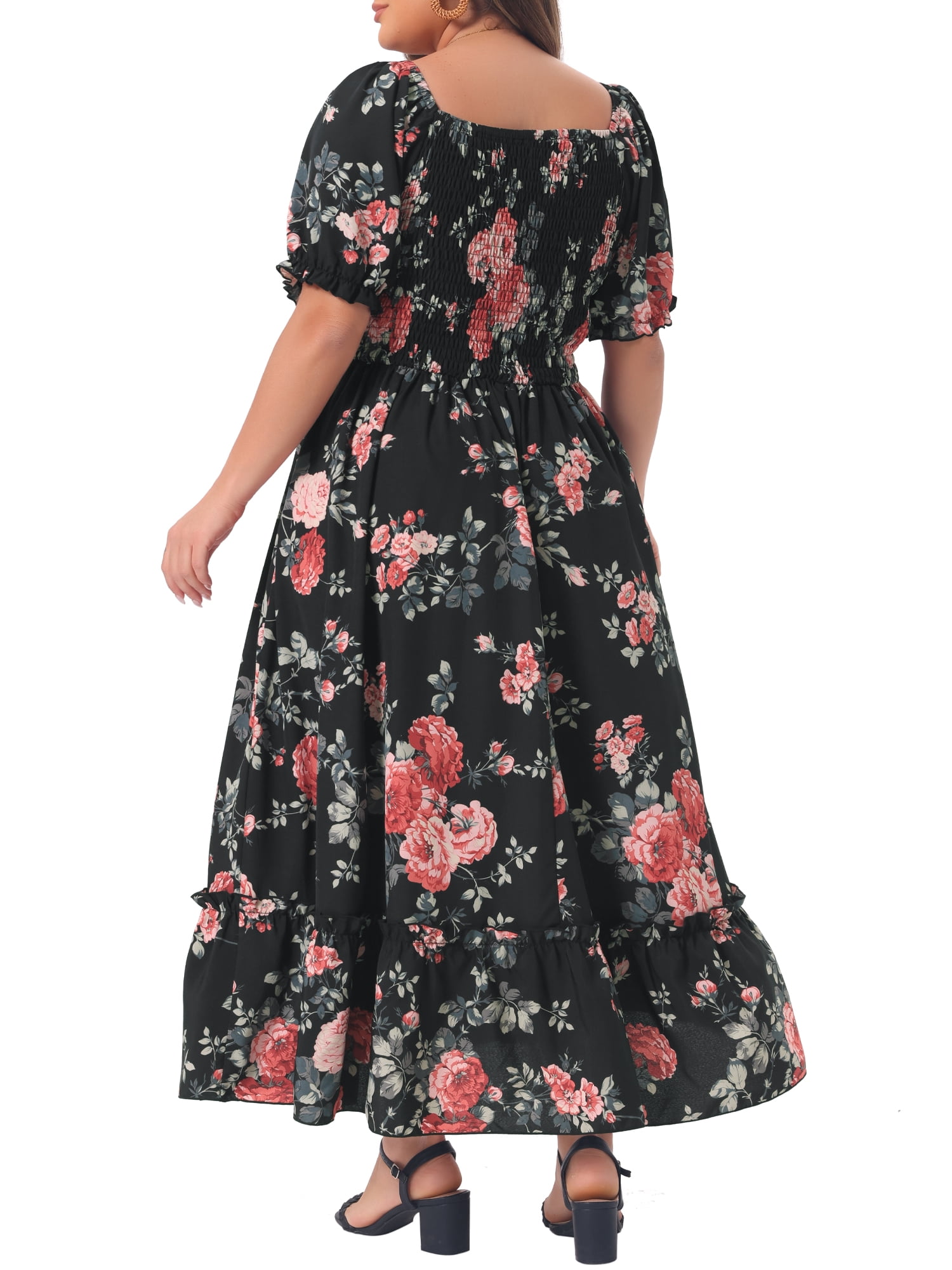DARING DIVA Women's Plus Size Short Sleeve Square Neck Maxi Floral Dress 1X Black
