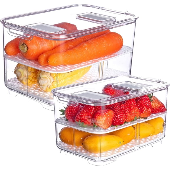 Produce Saver with , 2 count Fruit Vegetable Storage Container with Vents Stackable Fridge Drawers Organizer Salad Lettuce Keeper For Refrigerator,  Keeper,5.7L&2.8L