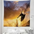 thumbnail image 1 of Beach Tapestry, Jumping Pose Surfer Sunset Time Cloudy Sky Ocean Splashing Water, Fabric Wall Hanging Decor for Bedroom Living Room Dorm, 5 Sizes, Purpleblue Orange and Brown, by Ambesonne, 1 of 1