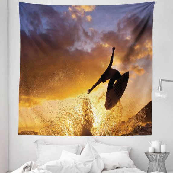 Beach Tapestry, Jumping Pose Surfer Sunset Time Cloudy Sky Ocean Splashing Water, Fabric Wall Hanging Decor for Bedroom Living Room Dorm, 5 Sizes, Purpleblue Orange and Brown, by Ambesonne