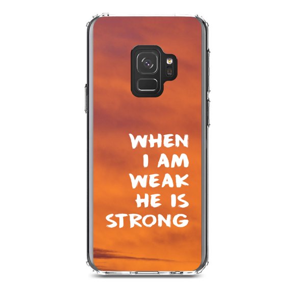 DistinctInk Clear Shockproof Hybrid Case for Samsung Galaxy S9 (5.8" Screen) - TPU Bumper, Acrylic Back, Tempered Glass Screen Protector - When I Am Weak, He Is Strong - Christ