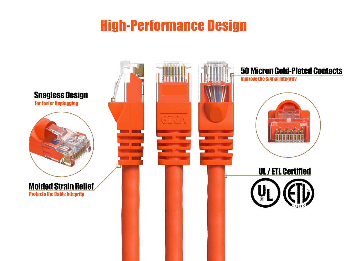 Cable Leader 50ft Cat6 Crossover UTP Ethernet Network Patch Cable Snagless 24AWG Bare Copper, Orange