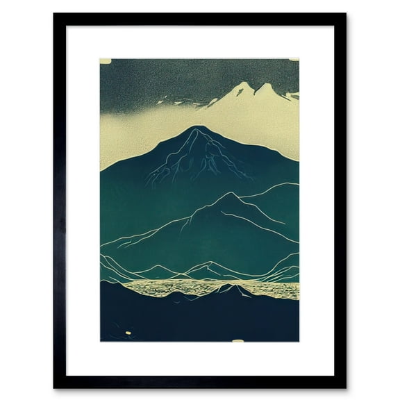 Scottish Highlands Lake Mountains Blue Linocut Artwork Framed Wall Art Print 9X7 Inch