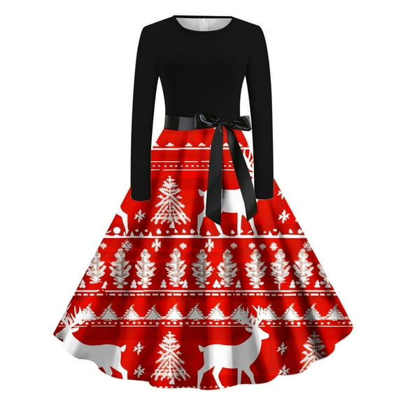 Lorytime Formal a Line Dresses for Women Christmas Reindeer Crew Neck Elegant Dress Long Sleeve Party Dresses with Belt