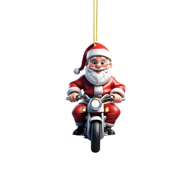 Binwennn 2D Christmas Santa Riding Motorcycle Pendant Decoration Christmas Tree Double Printed Acrylic Santa Riding Motorcycle Pendant Decoration Interesting Decoration For Christmas Garland Snowy
