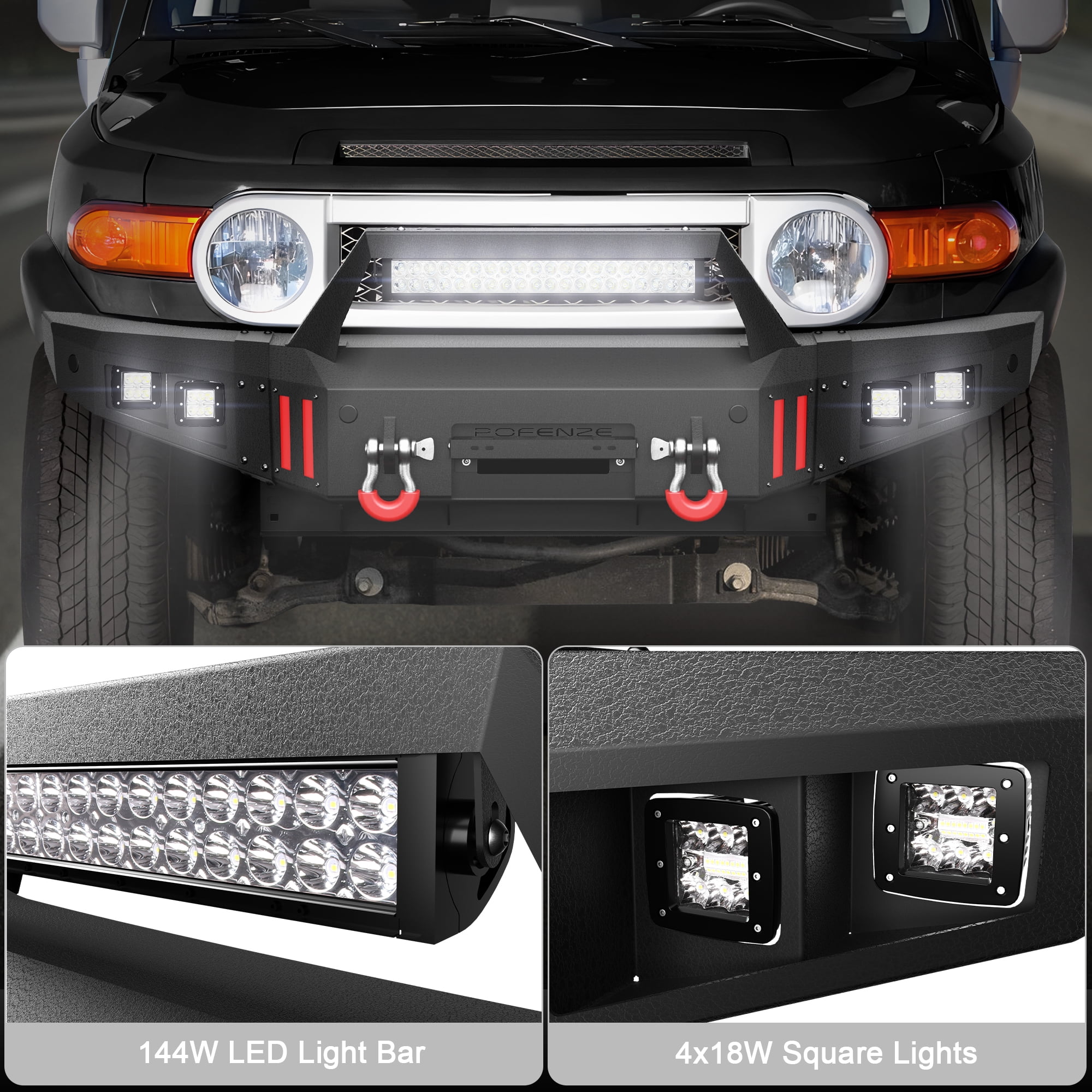 POFENZE Front Bumper for 2007-2014 1st Gen Toyota FJ Cruiser Rock Crawler Bumper Equipped with Winch Plate Lights License Plate Bracket