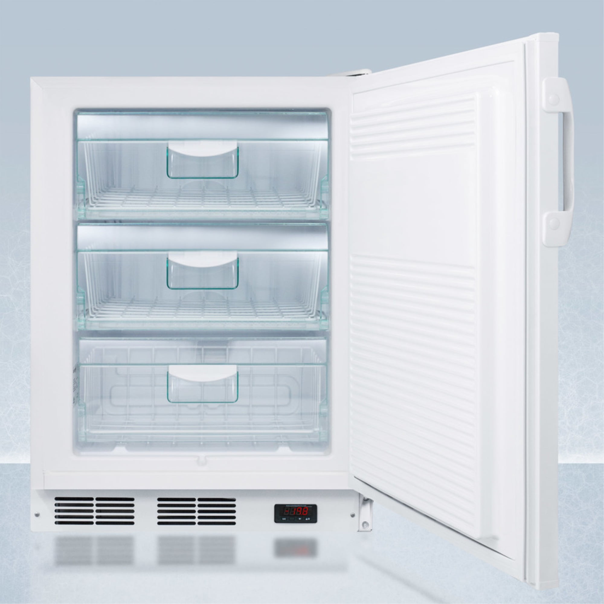 ADA compliant built-in undercounter all-freezer capable of -25 C operation; includes audible alarm, lock, and hospital grade plug