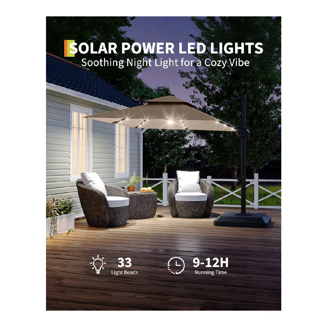 10' x 10' Heavy Duty Cantilever Patio Umbrella with LED Lights & Weighted Base, Square Aluminum Offset Umbrella 360-Degree Rotation for Outdoor Decor, Backyard, Deck, Pool