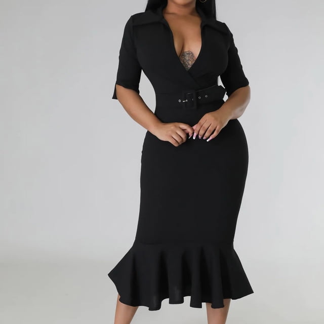 QIPOPIQ Robes Moulantes pour Femmes Manches Courtes Couleur Unie Portefeuille Fesses Robe d'Été à Volants Col en V Mi-Mollet Offres 2023