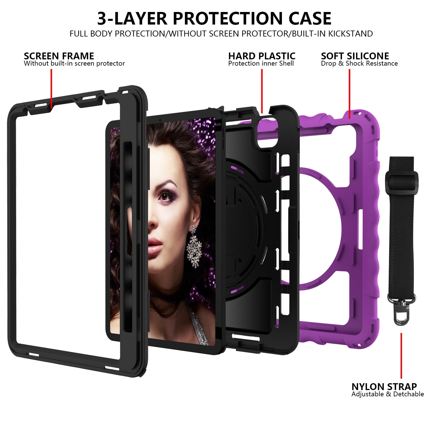 Allytech iPad Air 5 4 10.9 Case 2022/2020, Heavy Duty Shockproof Kids Case with Pencil Holder Hand Strap Kickstand Shoulder Strap for Apple iPad Air 5th 4th Generation 10.9 Inch -Purple