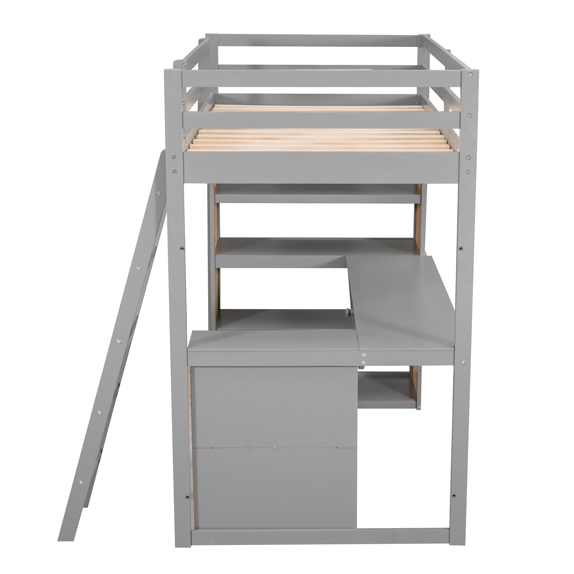DEALTOPS Twin Size Loft Bed with Ladder, Shelves, and Desk, White - Gray