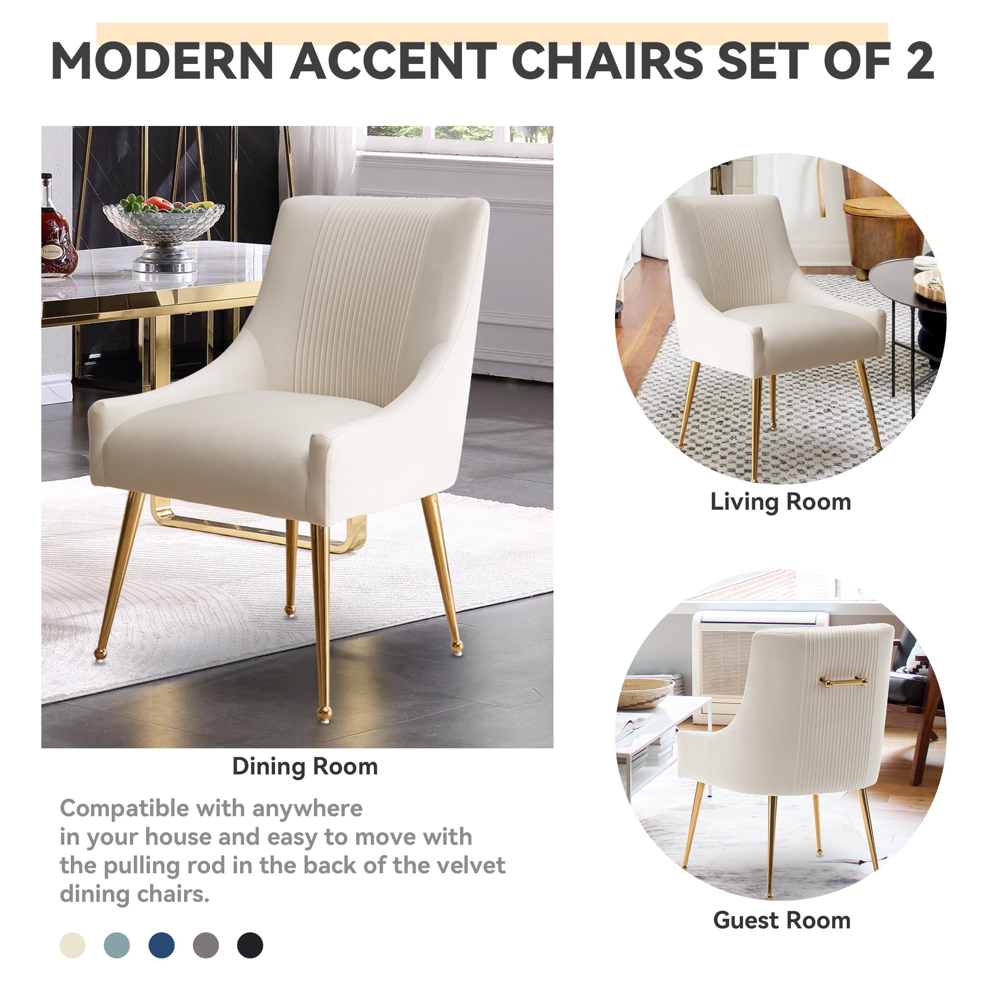 SEYNAR Modern Upholstered Pleated Velvet Dining Chairs Set of 2 Side Chair for Living Room,Beige