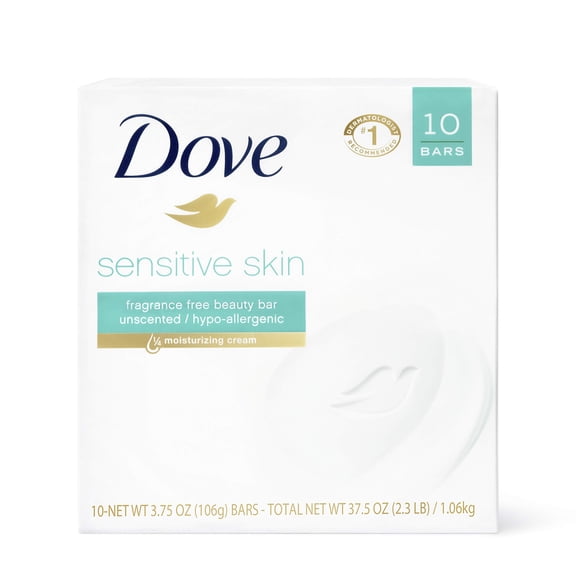 Dove Moisturizing Beauty Bar Sensitive Skin Effectively Washes Away Bacteria While Nourishing Your Skin for Softer Skin, Fragrance-Free, Hypoallergenic Beauty Bar 3.75 oz, 10 Bars