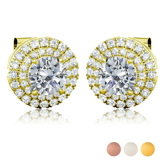 JeenMata Boucles d'Oreilles Clous Halo en Diamant de Laboratoire - Boucles d'Oreilles Clous Taille Ronde pour Femmes en Placage Or Jaune