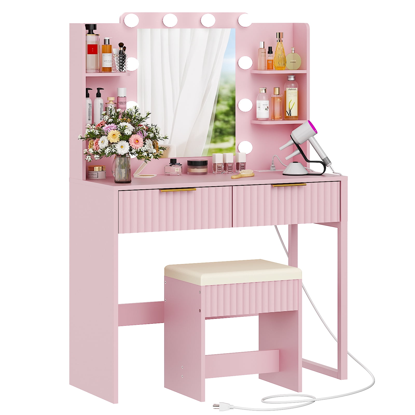 Ktaxon Lighted Makeup Vanity and Stool, Pink Vanity Table Set with 2 Drawer and Charging Station, Femal Gift