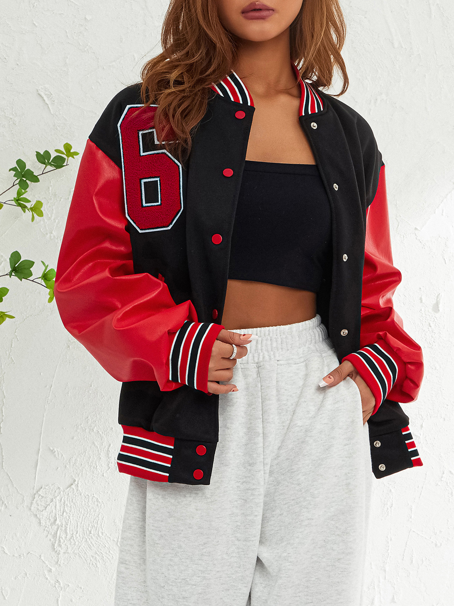 Liacowi Women Juniors Oversized Baseball Jacket Letters Print Button Bomber Jacket Long Sleeve Leather Parchwork Outwear Streetwear for Teen - image 2 of 9