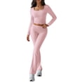thumbnail image 5 of 2 Piece Square Neck Lounge Set Womens Wide Leg Pants Slightly Crop Top Sweatsuit Sets Pink L, 5 of 10