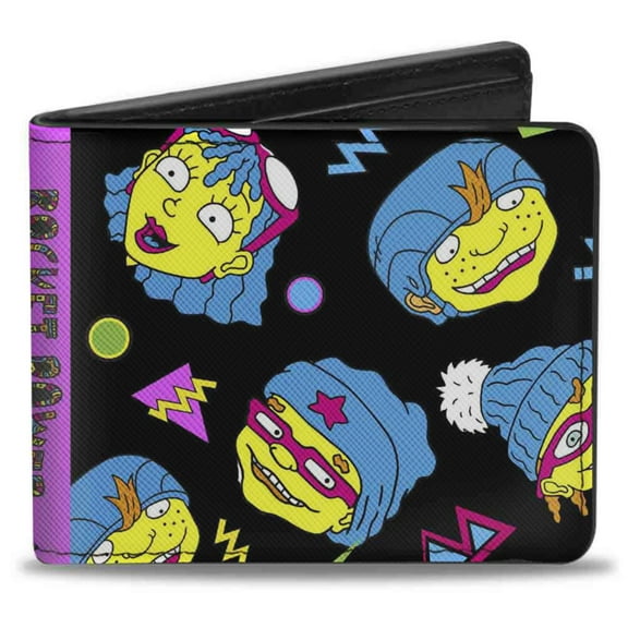 Nickelodeon Wallet, Bifold, Rocket Power Character Faces Scattered Black Multi Neon, Vegan Leather