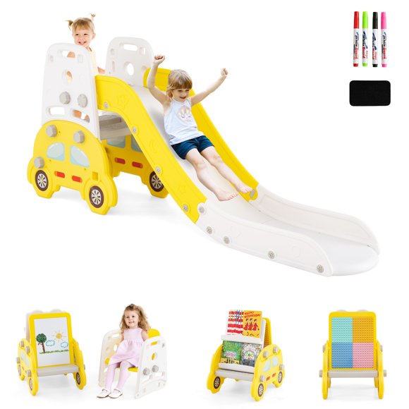 Gymax Ensemble de Glissade Convertible 5 en 1 pour Tout-Petits avec Tabouret et Étagère à Livres pour Garçons et Filles Jaune