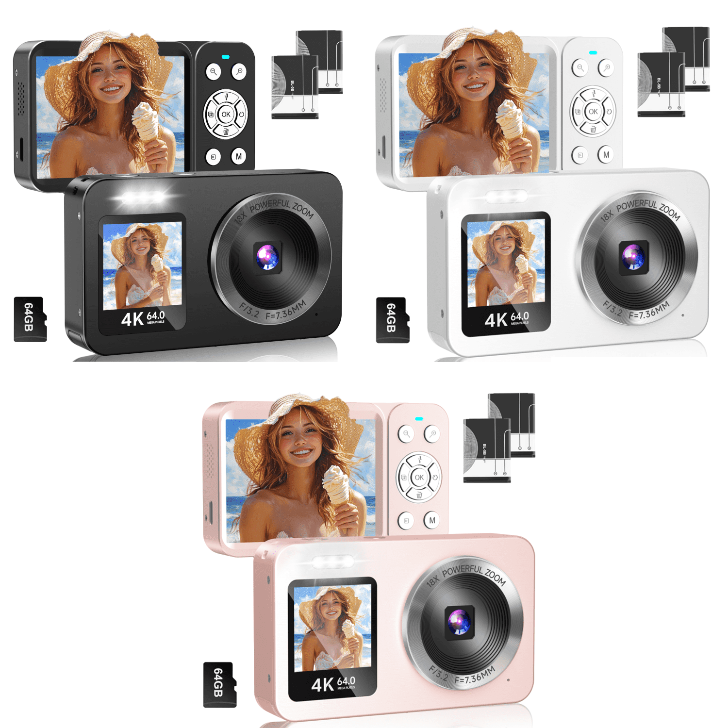 4K Digital Camera 64MP,Froura Dual-Screen Vlogging Camera,18X Zoom,64GB Card,2 Batteries,Point and Shoot Camera for Kids,Teens ,Beginners,Boys ,Girls,Compact Travel Camera,Birthday Gifts,Black