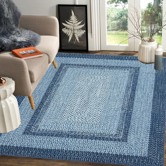 Area Rugs 6x9 Rug for Living Room, Washable Rugs Non Slip Water Floor Carpet, Low Pile Soft Vintage Rug for Bedroom Dining Room Indoor (Blue)