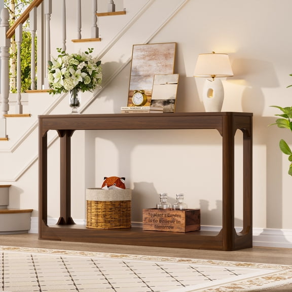 55.1" Curved-Leg Storage Table, Slim Wooden Console Table for Entryway, Hallway, Behind Sofa, Walnut Finish, Space-Saving Design