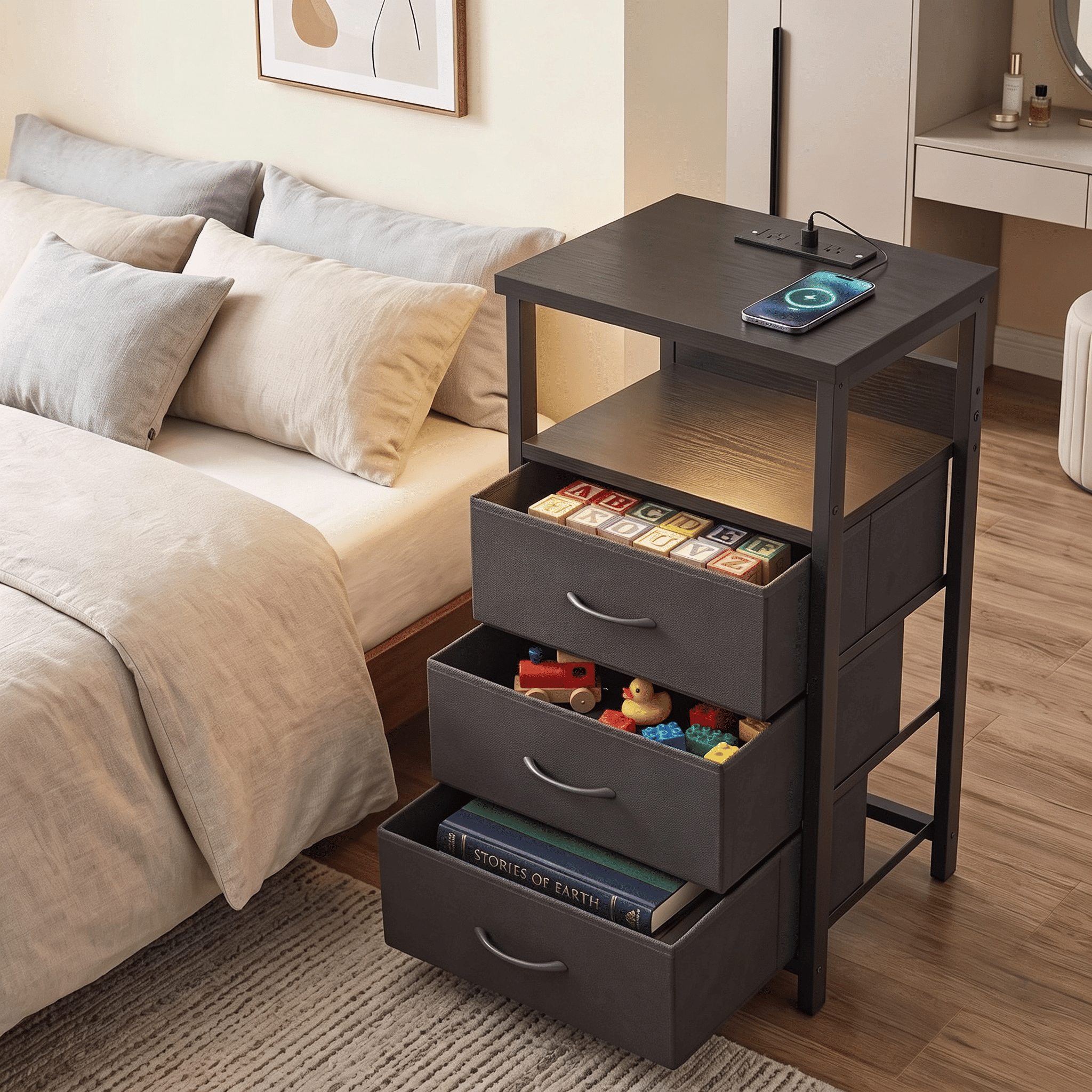 Nightstand with Charging Station, 3 Fabric Drawers, LED Light and Open Shelf, Iron Frame Bedside End Table for Bedroom