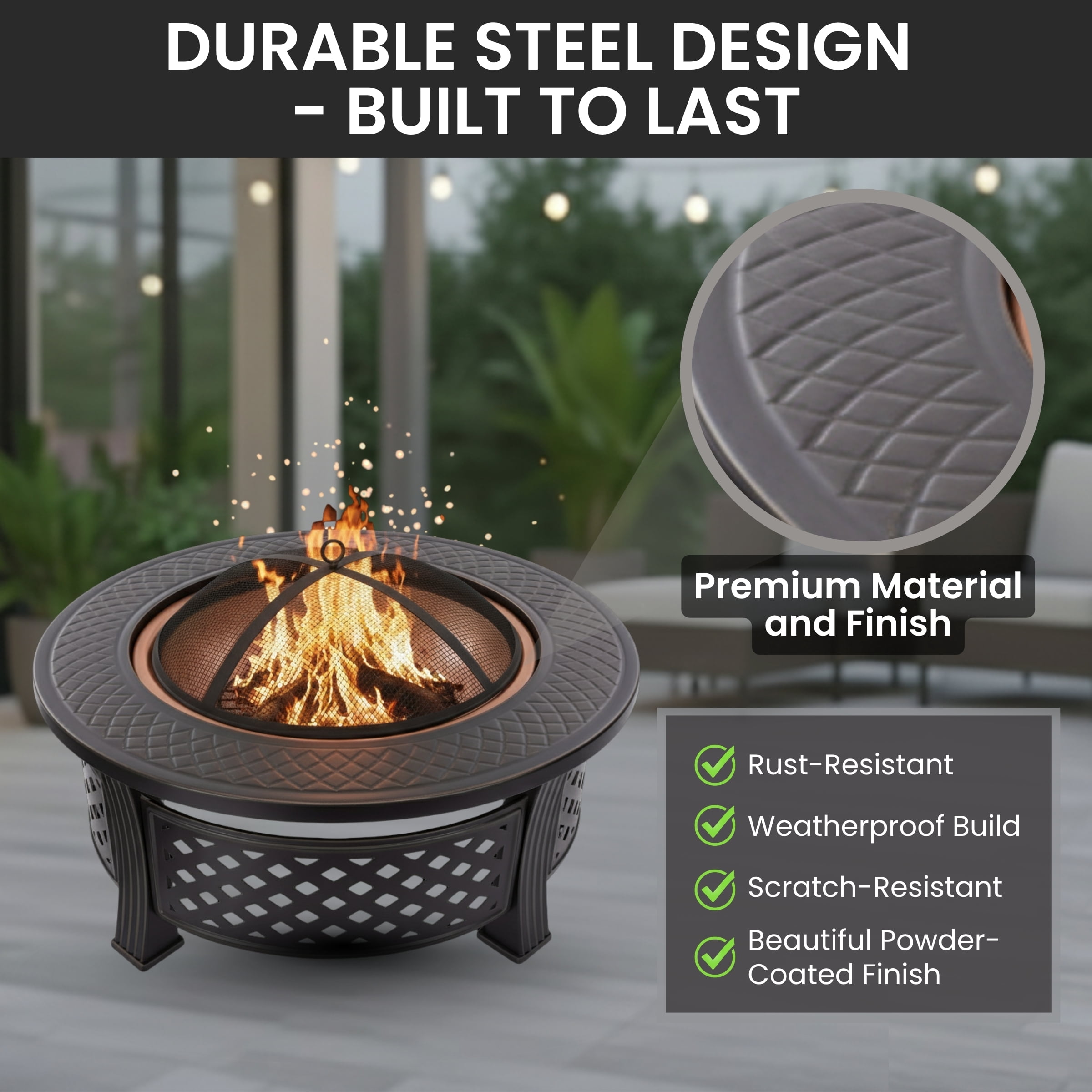 Pure Garden Outdoor Fire Pit – 32” Round Wood Burning Pit with Spark Screen, Poker & Cover, Bronze